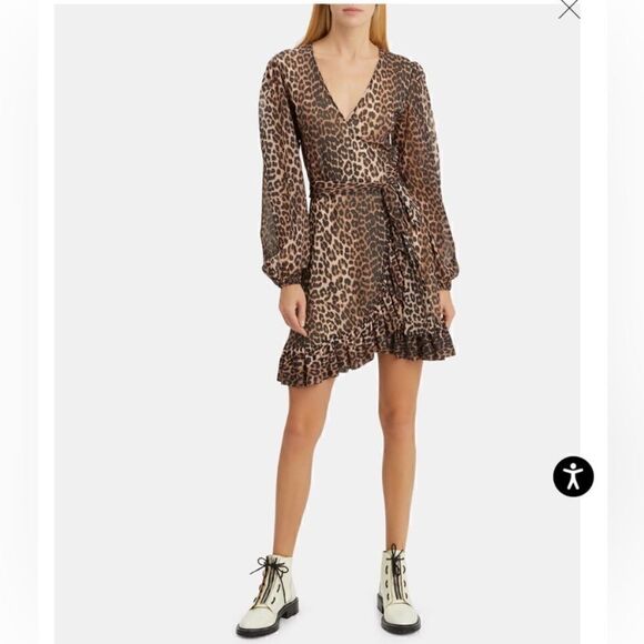 Ganni Mini Black Brown Dress Leopard Print Blouse Long Sleeve Wrap Size S - Picture 11 of 15